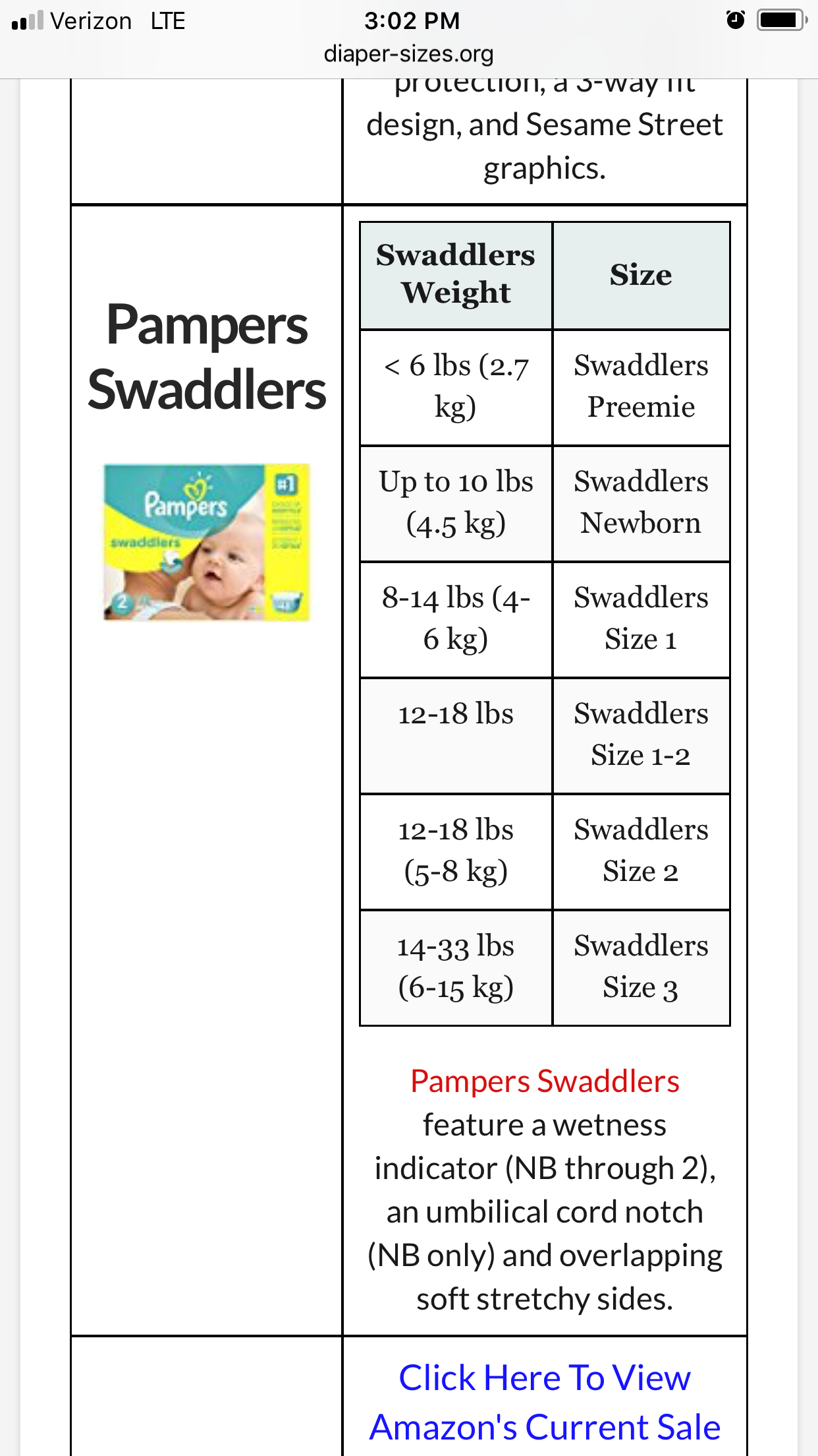 pampers swaddlers size chart